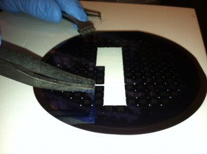 Plastic tweezers popping out section of chips from slightly elevated wafer