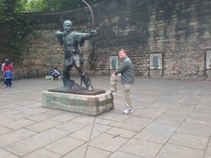 Robin Hood! Outside the castle walls. His merry band of miscreants are off in the background dozing.