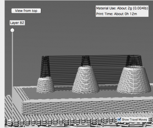 Tool path demonstrates different modes of printing. The solid (white) areas indicate where the printer is feeding through the filament. The slender dark traces indicate where the nozzle is tracing out the structure, but not actively feeding the filament. In other words, the model is too thin to actively print, but residual plastic coming out of the nozzle will be enough to trace the outline.