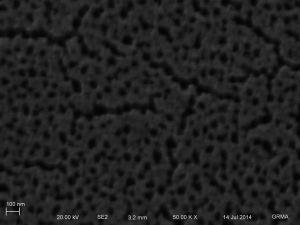 50 nm Freestanding MgF2 700 C anneal, 120s etch, Wafer 1127. Microfissures along some of the pores