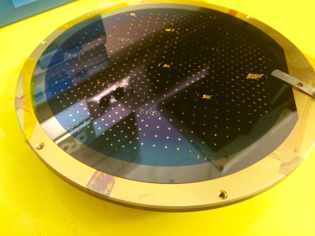 Discoloration around edges where the shadow mask in the evaporator did not cover the 6" wafer. With platen rotation on, it homogenized the additional film thickness as the crucible reached a stable temperature.