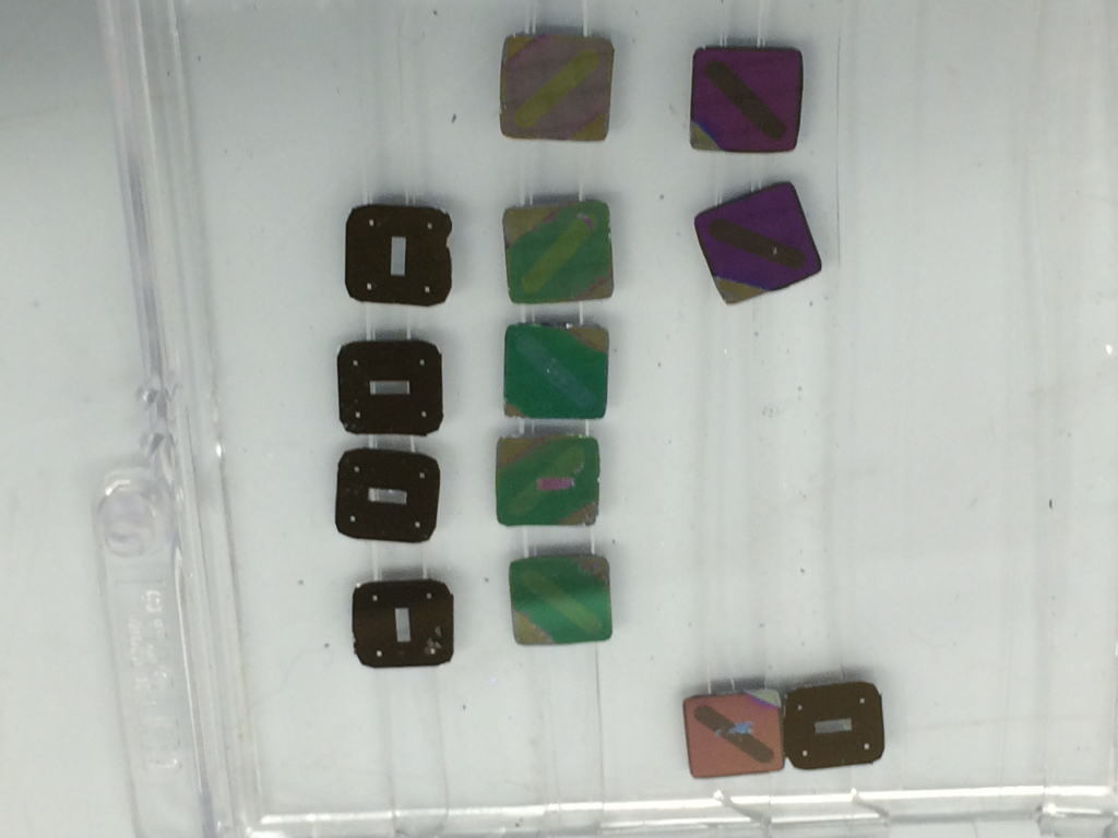 The Coverglass evaporation (Top right, purple) chips, and the 500nm pyrex chips (left green).