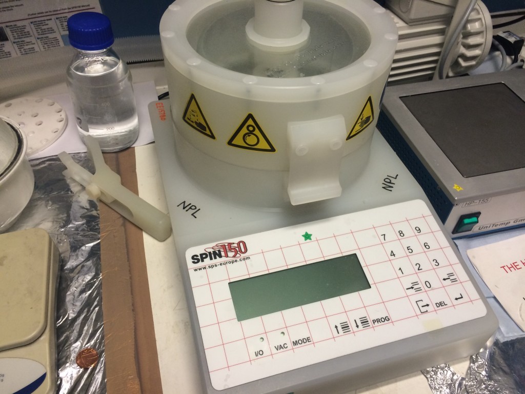 Spin coater used to apply all of my coatings. It can do 4" wafers down to microscope slides and minimally 20mmx20mm coverglasses without compromising the device. I apply a few drops to a coverslide, or coat the entire surface of a microscope slide and immediately begin the program (500rpm for 10 s before accelerating to 3000 rpm for 120 s will give a sheer film).