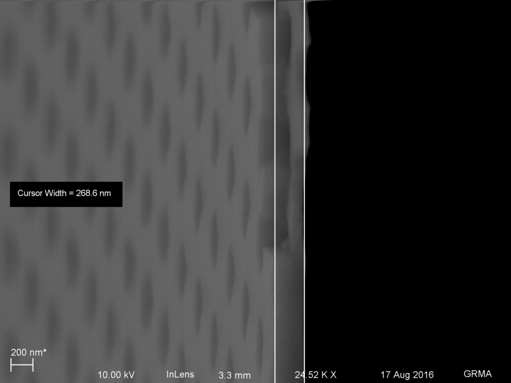 Full film thickness after 70s of etch. MgF2 on left, silicon nitride on right.