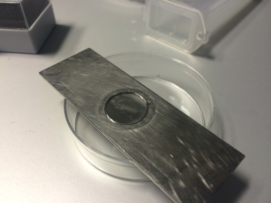 After the PDMS has been coated, the silicone mask was removed, and you can see the non coated part of the observation region on the MgF2. It was not perfect, some sheeting appears to occur, but I think I will use a higher quality mask next time with better adherence to the MgF2.