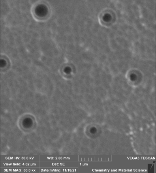 Figure 8: Nano-pocket membrane with top porous is 500 nm and the bottom around 250 nm using plasma cleaner machine for 5:30 hours.